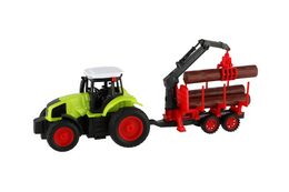 Traktor RC s vlekem na dřevo plast 38cm 27MHz + dobíjecí pack na baterie v krabici 45x18x13cm