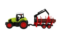 Traktor RC s vlekem na dřevo plast 38cm 27MHz + dobíjecí pack na baterie v krabici 45x18x13cm