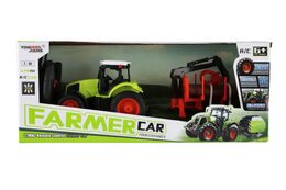 Traktor RC s vlekem na dřevo plast 38cm 27MHz + dobíjecí pack na baterie v krabici 45x18x13cm