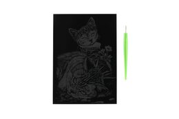 Škrabací obrázek stříbrný Kočička a kotě 12,5x18cm na kartě