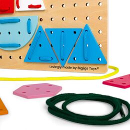 Bigjigs Toys Dřevěná šněrovací hra Geometrické tvary