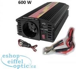 Napěťový měnič Carspa CAR600U-122 12V/230V+USB 600W, modifikovaná sinus (náhrada za CAR500-12)