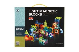 Kuličková dráha magnetická plast 75ks 8 kuliček + doplňky na baterie se světlem v krabici 31x25x8cm