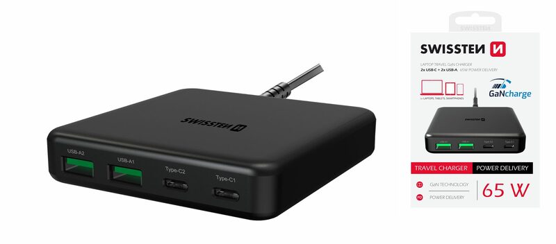 SWISSTEN stolní mini adaptér GaN 230V 65W POWER DELIVERY 2xUSB-C 2xUSB černá