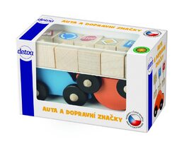 Auta 2ks + dopravní značky 6ks dřevo 5cm v krabičce 10,5x6x5cm