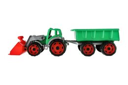 Teddies Traktor/nakladač/bagr s vlekem se lžící plast na volný chod 2 barvy v síťce 16x61x16cm