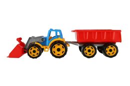 Teddies Traktor/nakladač/bagr s vlekem se lžící plast na volný chod 2 barvy v síťce 16x61x16cm