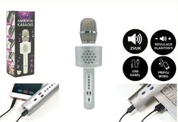 Mikrofon karaoke Bluetooth stříbrný na baterie s USB kabelem v krabici 10x28x8,5cm