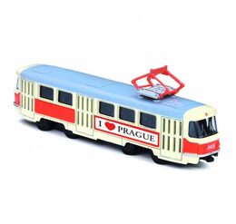 Tramvaj Tatra T3 česká kovová 16cm I LOVE PRAGUE retro na zpětný chod v krabičce