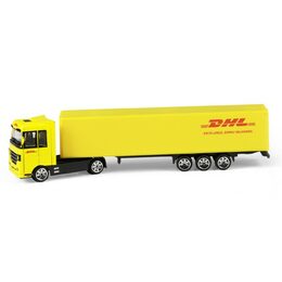 Auto kamion s návěsem DHL plast 19cm na volný chod v krabičce 20x6x4cm