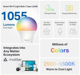 Chytrá žárovka TP-Link Tapo L535E E27, 8,7W, 230V, přes IP, stmívatelná, 2700K až 6500K