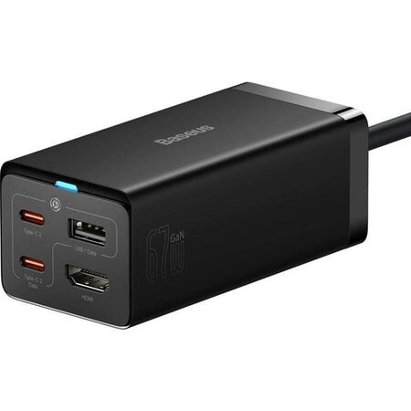 Rychlonabíječka do sítě Baseus GaN5 Pro 67W 2x USB-C/USB-A/HDMI černá a USB-C kabel 100W 1m