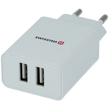SWISSTEN adaptér 230V/2,1A 2xUSB + microUSB kabel 1,2m BÍLÁ