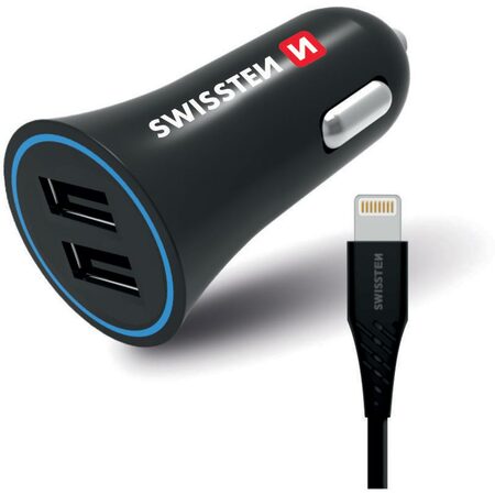 SWISSTEN nabíječ 2xUSB 12V/2,4A ČERNÁ + Lightning kabel