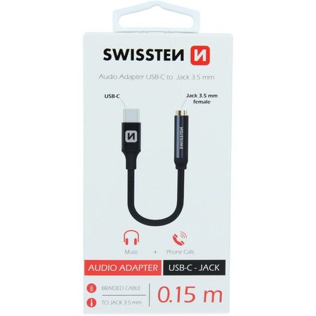 SWISSTEN redukce USB-C JACK 3,5mm textilní 0,15m černá