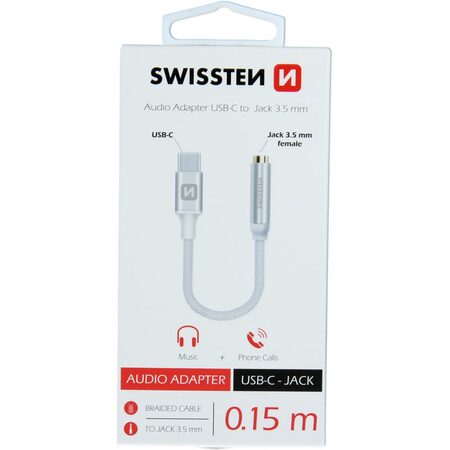 SWISSTEN redukce USB-C JACK 3,5mm textilní 0,15m stříbrná