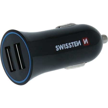 SWISSTEN nabíječ 2xUSB 12V/2,4A ČERNÁ + USB-C kabel