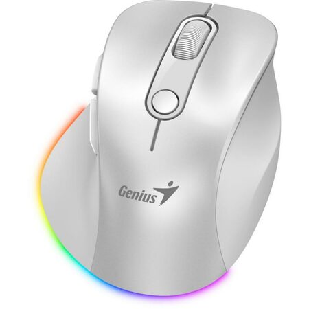 Genius Ergo 9000S Pro Myš, bezdrátová, optická, 2400DPI, 6 tlačítek, BT, 2,4GHz, USB-C nabíjení, tichá, 7barevné podsv., bílá