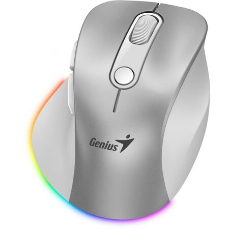 Genius Ergo 9000S Pro Myš, bezdrátová, optická, 2400DPI, 6 tlačítek, BT, 2,4GHz, USB-C nabíjení, tichá, 7barevné podsv.,stříbrná