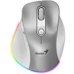 Genius Ergo 9000S Pro Myš, bezdrátová, optická, 2400DPI, 6 tlačítek, BT, 2,4GHz, USB-C nabíjení, tichá, 7barevné podsv.,stříbrná