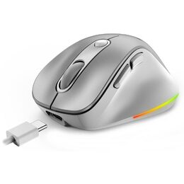 Genius Ergo 9000S Pro Myš, bezdrátová, optická, 2400DPI, 6 tlačítek, BT, 2,4GHz, USB-C nabíjení, tichá, 7barevné podsv.,stříbrná