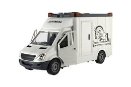 Auto přepravník zvířat plast  28cm s koněm na setrvačník se světlem se zvukem šedé v krabici 39x18cm