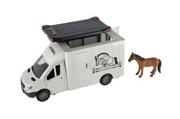 Auto přepravník zvířat plast  28cm s koněm na setrvačník se světlem se zvukem šedé v krabici 39x18cm
