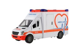 Auto ambulance plast 28cm s lehátkem na setrvačník se světlem se zvukem v krabici 39x18x12cm