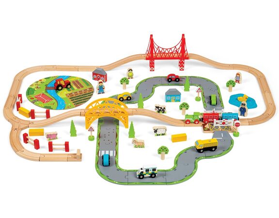 Vláčkodráha Bigjigs Rail dřevěná s venkovskou cestou 80 dílů