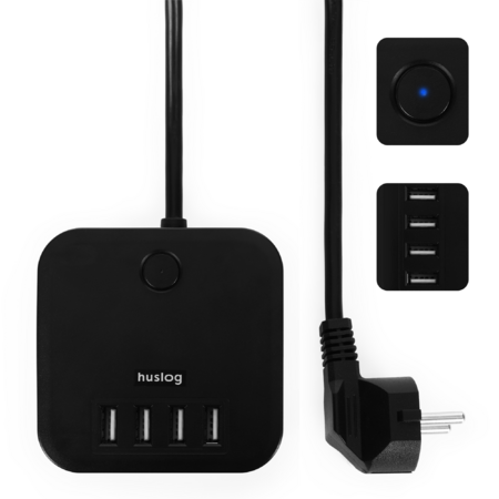 Prodlužovací kabel Huslog černý 3x zásuvka + 4x USB