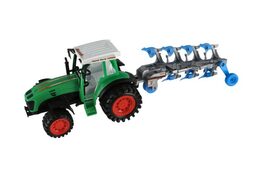 Traktor s vlekem s pluhem plast 53cm na setrvačník 2 barvy v blistru