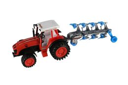 Traktor s vlekem s pluhem plast 53cm na setrvačník 2 barvy v blistru