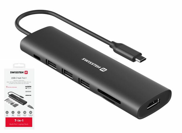 SWISSTEN USB-C HUB 7v1 USB-C 100W, HDMI 4K, 1xUSB-A 3.0, 2xUSB-A 2.0, SD, microS