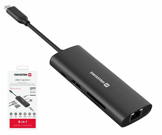 SWISSTEN USB-C HUB 8v1 USB-C 100W, HDMI 4K, LAN RJ45, 2x USB-A, 1x USB-C 3.0, SD