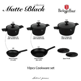 BERLINGERHAUS Sada nádobí s titanovým povrchem 10 ks Matte Black Collection BH-8197
