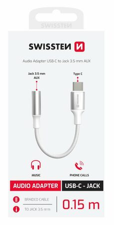 SWISSTEN redukce USB-C JACK 3,5mm textilní 0,12m bílá