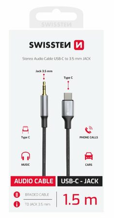 SWISSTEN audio kabel USB-C Jack 3,5mm textilní 1,5m černý