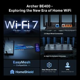 WiFi router TP-Link Archer BE400 BE6500, WiFi 7, 1x 2,5GWAN, 1x 235GLan, 3x 2,5GLan, USB, 2,4/5GHz, EasyMesh, HomeShield