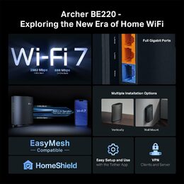 WiFi router TP-Link Archer BE220 BE3600, WiFi 7, 1x GWAN, 4x GLAN, USB, 2,4/5/6GHz, EasyMesh
