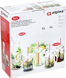 ALPINA Sklenice s víčkem, brčkem a karafou sada na limonádu 5 ks ED-249864