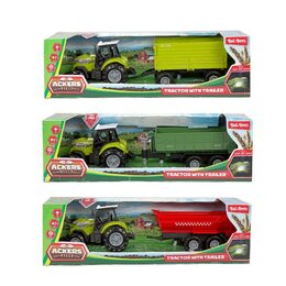 Traktor s vlekem plast 24cm na volný chod na baterie se světlem, zvukem 3 druhy v krabici 29x9cm