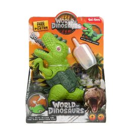 Dinosaurus pistole plast 13x16cm vypouštějící páru na baterie se světlem, zvukem 2 barvy v krabičce