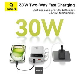 Powerbanka Baseus Qpow2 20000mAh, 30W,  s kabelem USB-C bílá